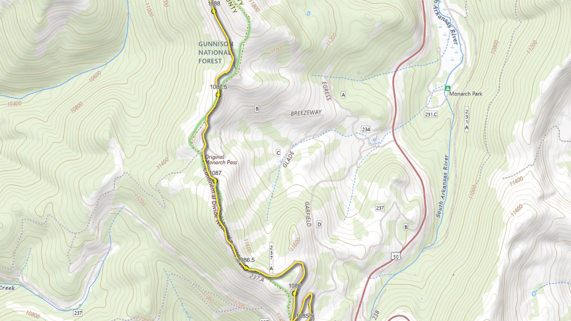 topographic map of the CT traversing Monarch Mountain