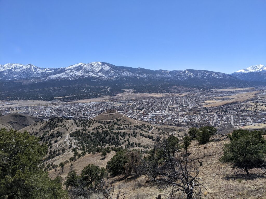 photo overlooking the town of Salida taken from the hills high above the north of town